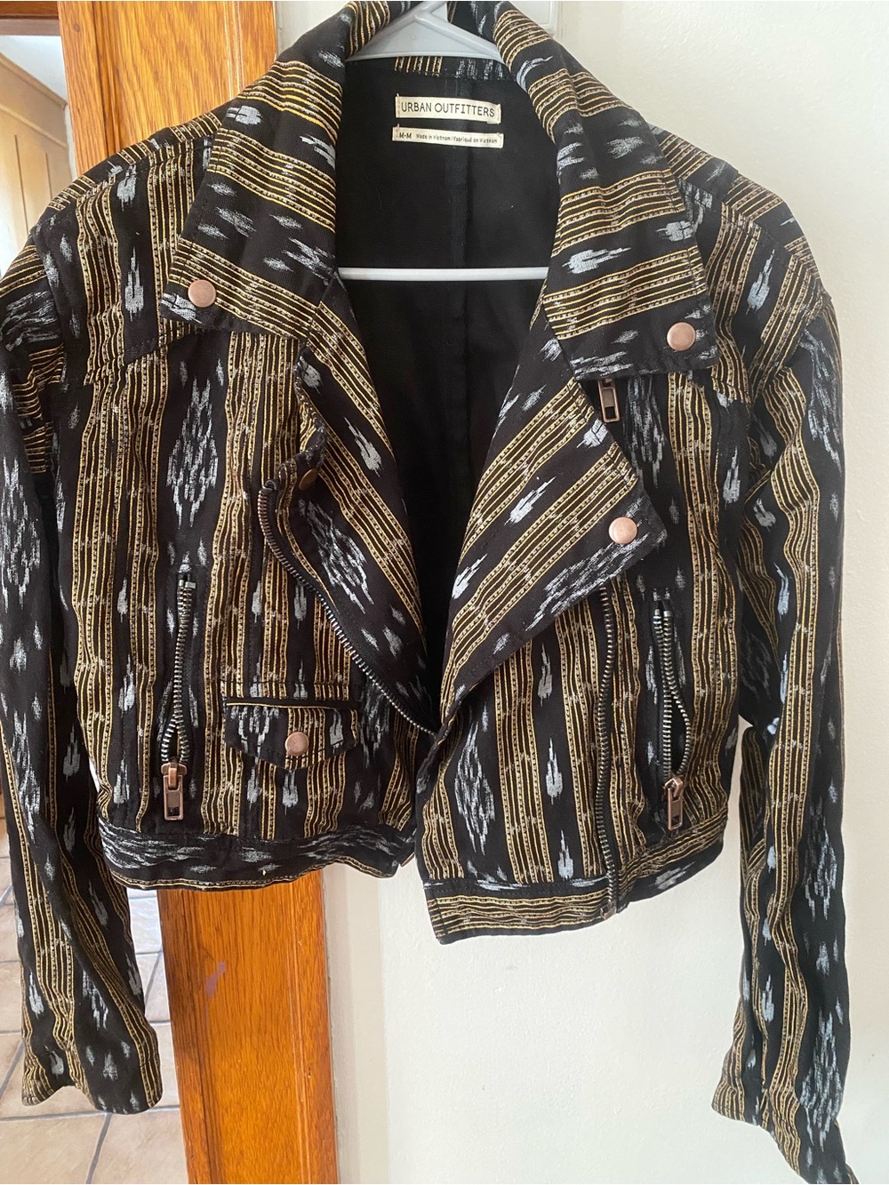 Urban Outfitters Black, Gold & Gray Cropped Patterned Moto Jacket
